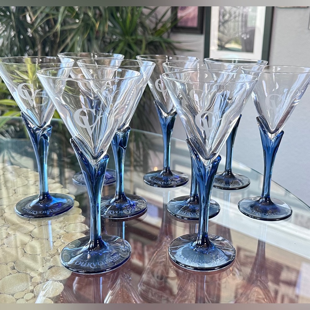 Set of Nine Luigi Bormioli for Courvoisier Tulip Navy Hand Blown Cordial Martini